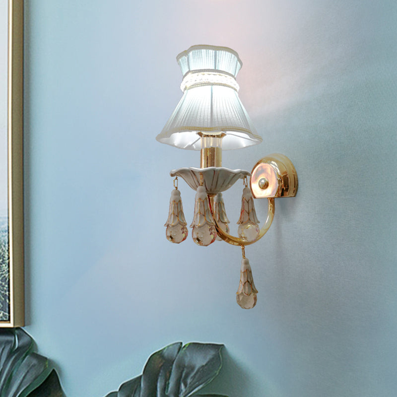 Cone Wall Mount Light Kids Fabric 1-Bulb Pink/Blue Wall Mounted Lamp with Faceted Crystal Orbit Decor