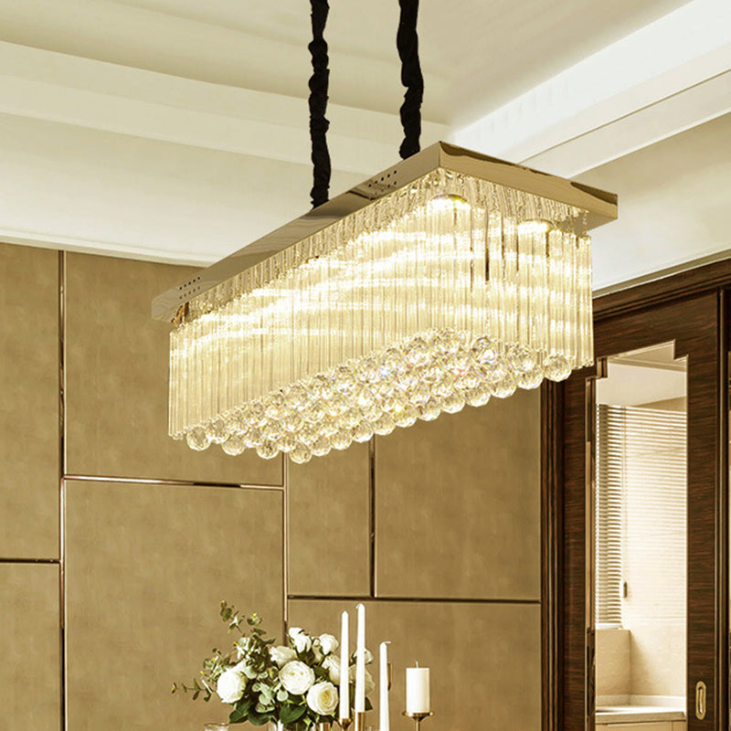 Crystal Rod Rectangle Island Lighting Simplicity LED Gold Suspension Lamp in Warm/White Light for Dining Room