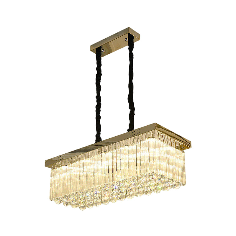 Crystal Rod Rectangle Island Lighting Simplicity LED Gold Suspension Lamp in Warm/White Light for Dining Room