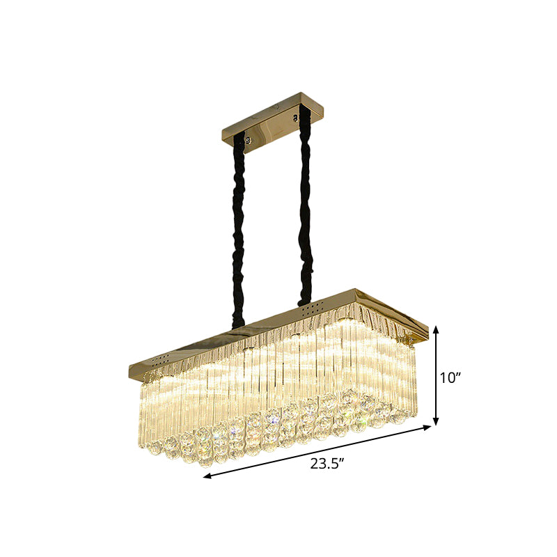 Crystal Rod Rectangle Island Lighting Simplicity LED Gold Suspension Lamp in Warm/White Light for Dining Room