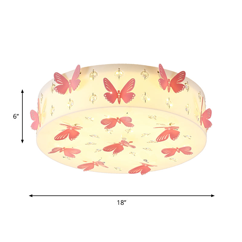Round Flush Light Fixture Cartoon Fabric LED Pink Flush Mount with Dragonfly Decor in Warm/White Light