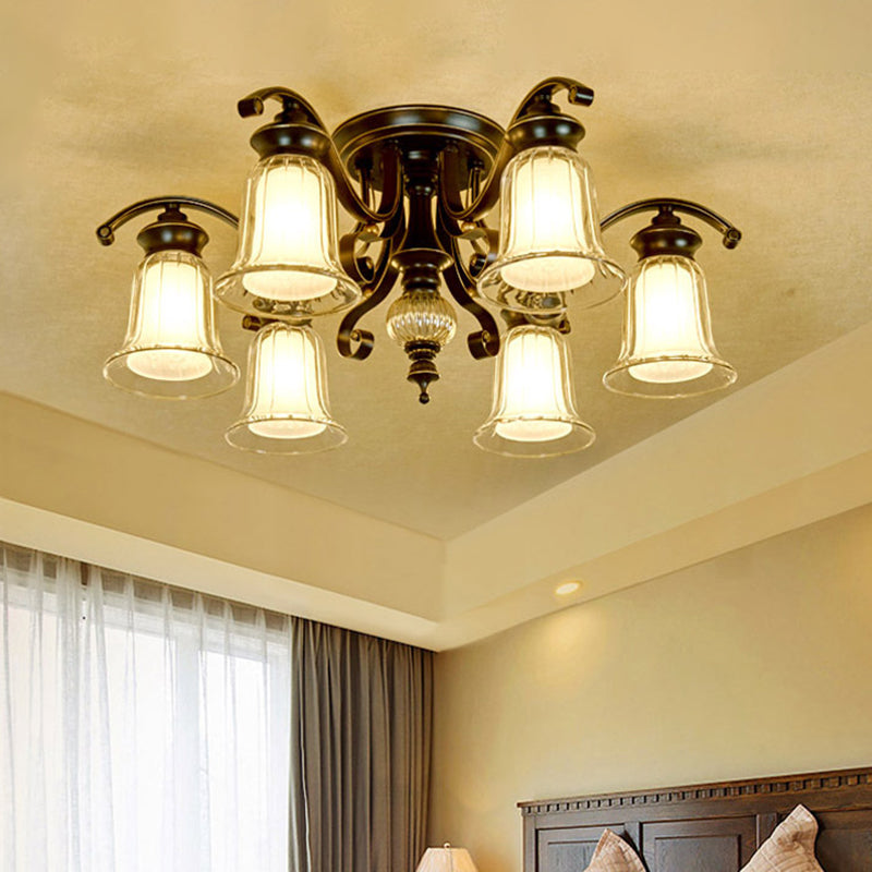 3/6 Bulbs Ceiling Fixture Cottage Dual Bell Clear and Opal Glass Semi Flush Mount in Black