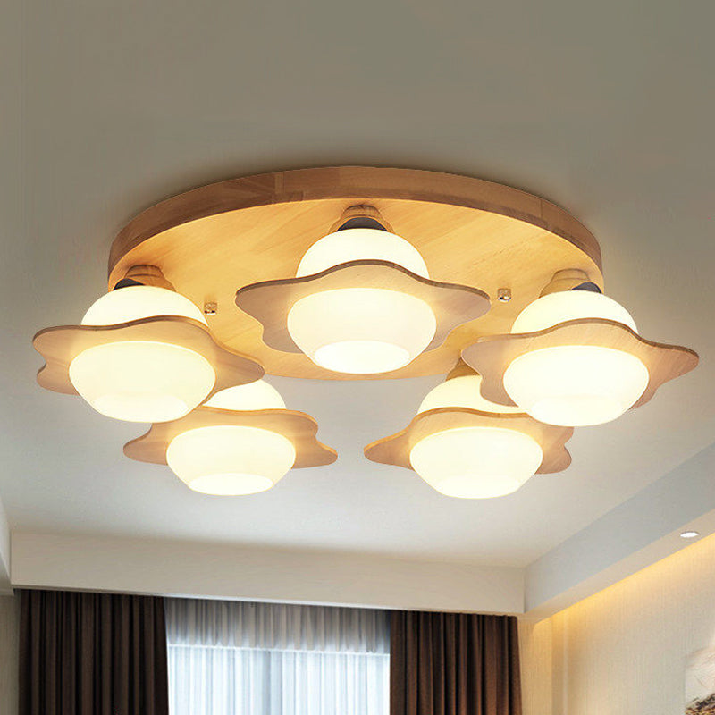 Wood Floral Semi Mount Modern 3/5 Lights Beige Flushmount Lighting with Sphere Milk Glass Shade