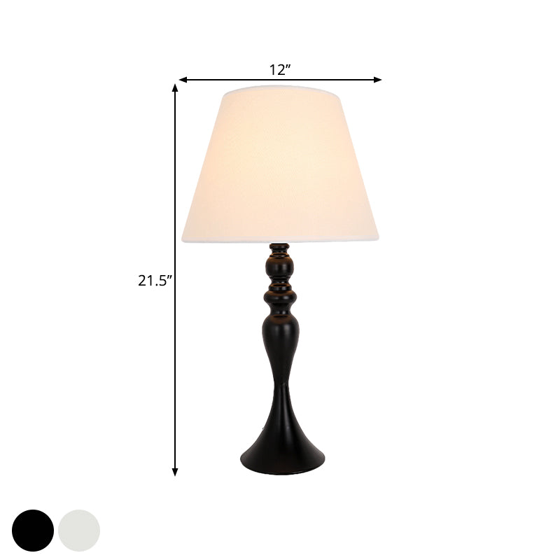 Retro Style Conic Table Light 1-Head Fabric Night Lamp with Baluster Base in White/Black
