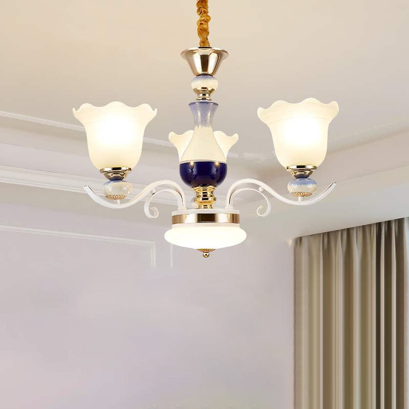 Bloom Dining Room Pendant Chandelier Antiqued Frosted Glass 3/6 Lights White Curvy Arm Suspension Lamp