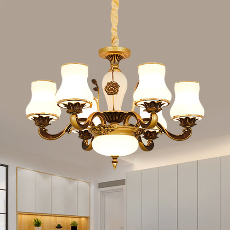 Brass 6/8-Head Pendant Lamp Retro Style Milky Glass Jar-Like Hanging Ceiling Light for Living Room