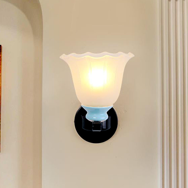1/2-Bulb Bloom Wall Lamp Antiqued Black Frosted Ribbed Glass Wall Lighting Fixture for Living Room
