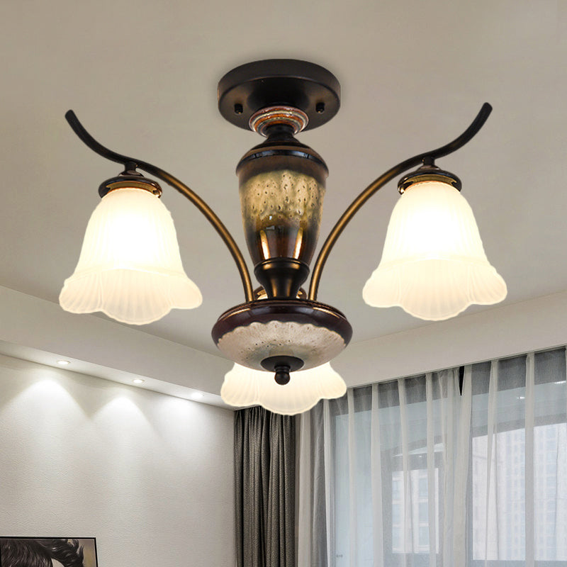 Country Flower Semi Flush 3/6/8 Heads Opal Ribbed Glass Flush Mount Ceiling Light in Black