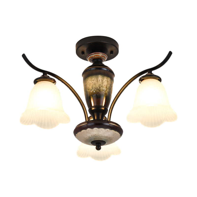 Country Flower Semi Flush 3/6/8 Heads Opal Ribbed Glass Flush Mount Ceiling Light in Black
