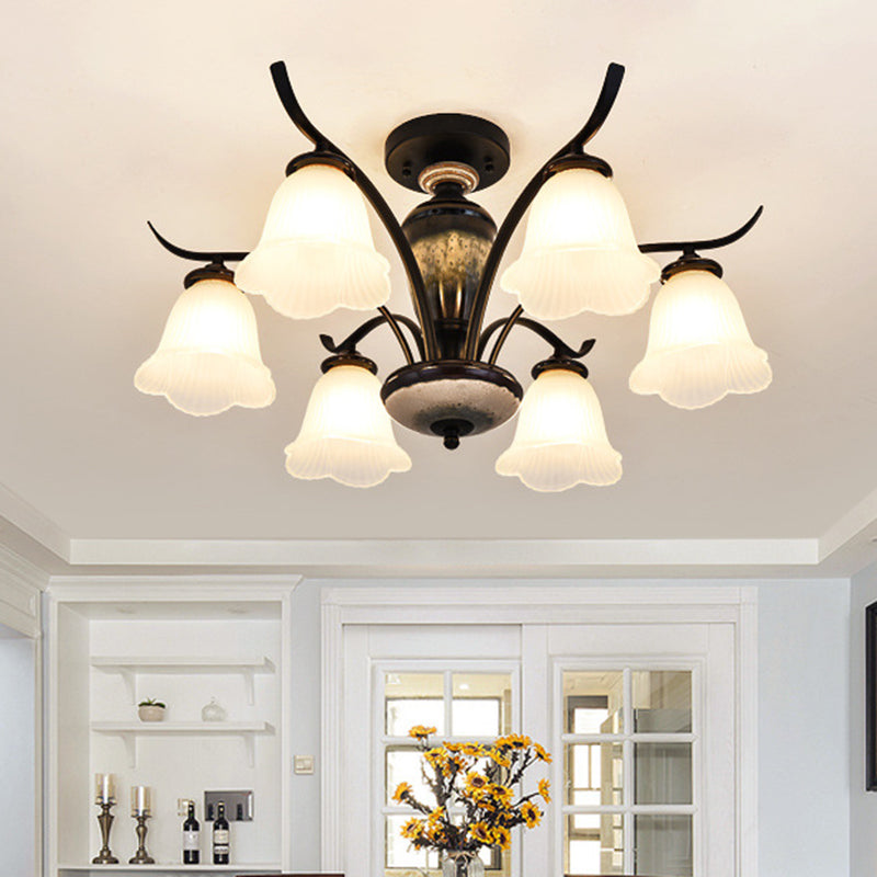 Country Flower Semi Flush 3/6/8 Heads Opal Ribbed Glass Flush Mount Ceiling Light in Black