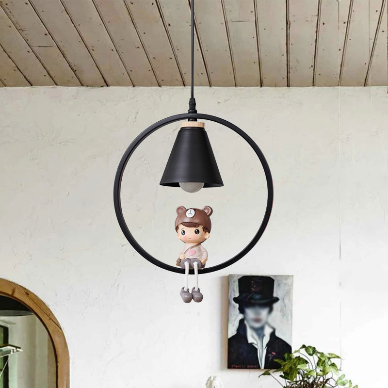 Cartoon Tapered Hanging Light Metal 1 Light Bedroom Pendant Lamp with Ring and Girl/Boy/Deer Decor in Black/White