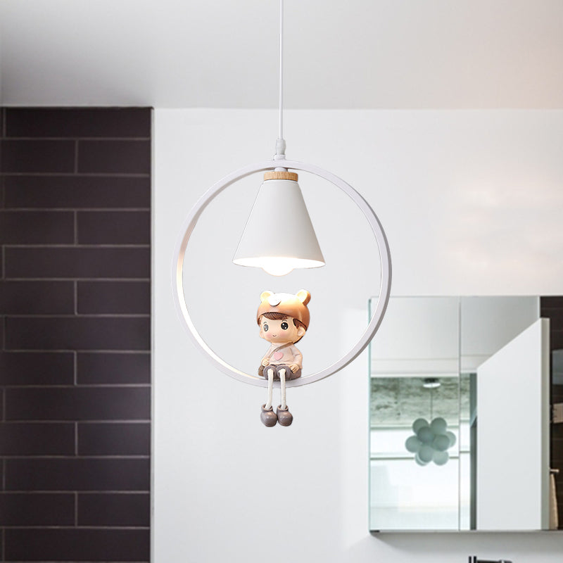 Cartoon Tapered Hanging Light Metal 1 Light Bedroom Pendant Lamp with Ring and Girl/Boy/Deer Decor in Black/White