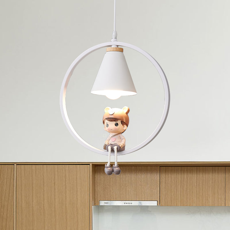 Cartoon Tapered Hanging Light Metal 1 Light Bedroom Pendant Lamp with Ring and Girl/Boy/Deer Decor in Black/White