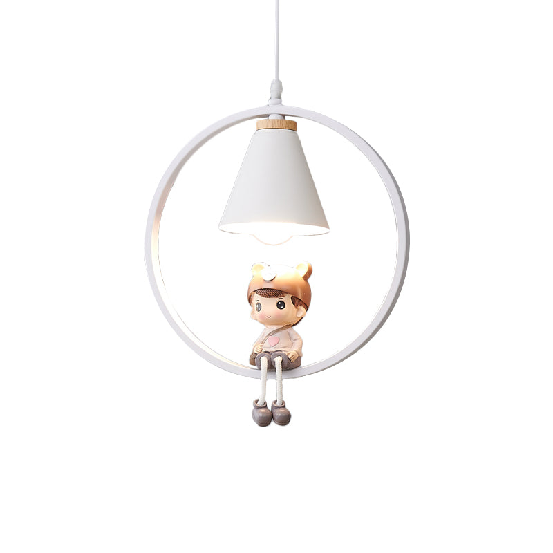 Cartoon Tapered Hanging Light Metal 1 Light Bedroom Pendant Lamp with Ring and Girl/Boy/Deer Decor in Black/White