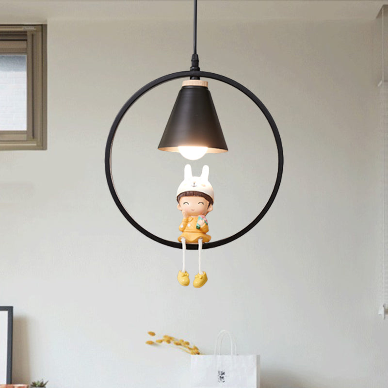 Cartoon Tapered Hanging Light Metal 1 Light Bedroom Pendant Lamp with Ring and Girl/Boy/Deer Decor in Black/White
