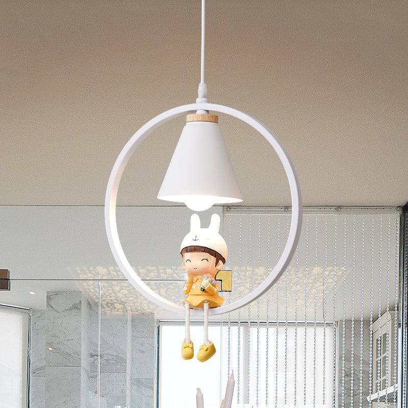 Cartoon Tapered Hanging Light Metal 1 Light Bedroom Pendant Lamp with Ring and Girl/Boy/Deer Decor in Black/White