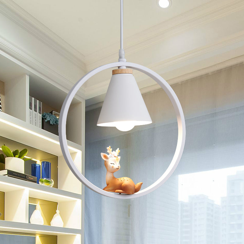 Cartoon Tapered Hanging Light Metal 1 Light Bedroom Pendant Lamp with Ring and Girl/Boy/Deer Decor in Black/White