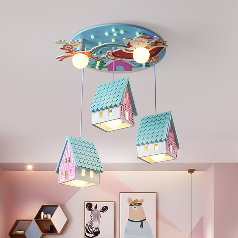 Blue House Pendant Lighting Cartoon 5 Heads Wooden Hanging Ceiling Light with Santa Claus and Deer Decor