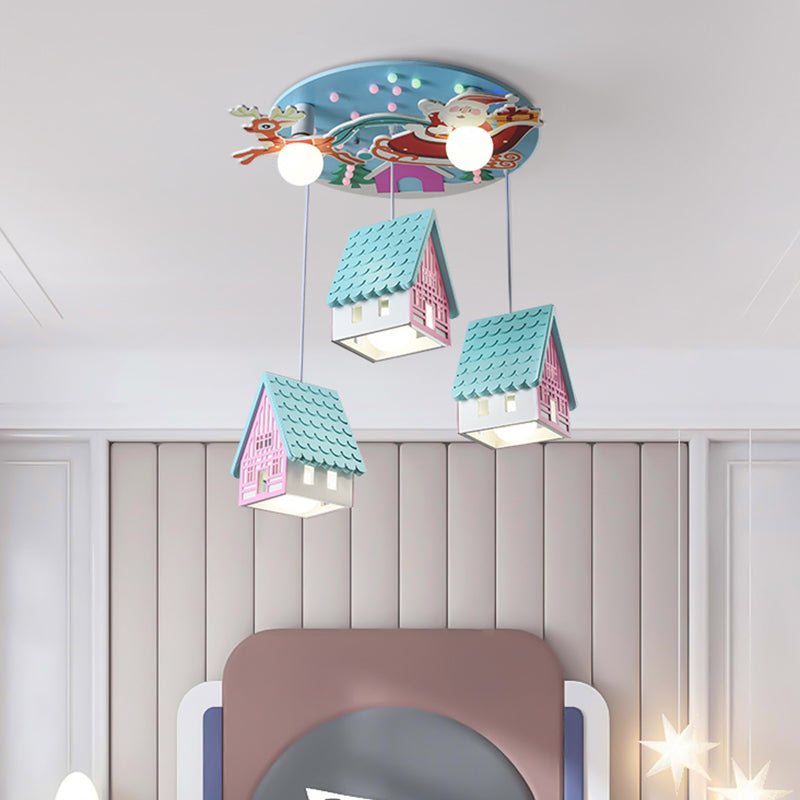 Blue House Pendant Lighting Cartoon 5 Heads Wooden Hanging Ceiling Light with Santa Claus and Deer Decor