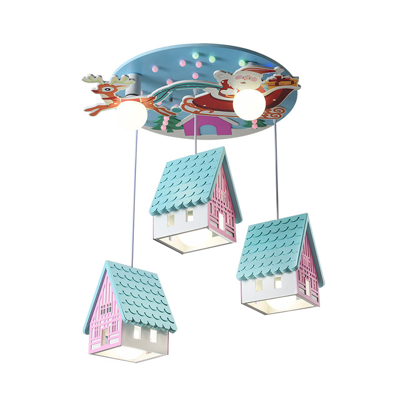 Blue House Pendant Lighting Cartoon 5 Heads Wooden Hanging Ceiling Light with Santa Claus and Deer Decor