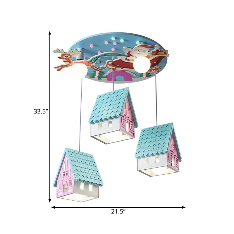 Blue House Pendant Lighting Cartoon 5 Heads Wooden Hanging Ceiling Light with Santa Claus and Deer Decor