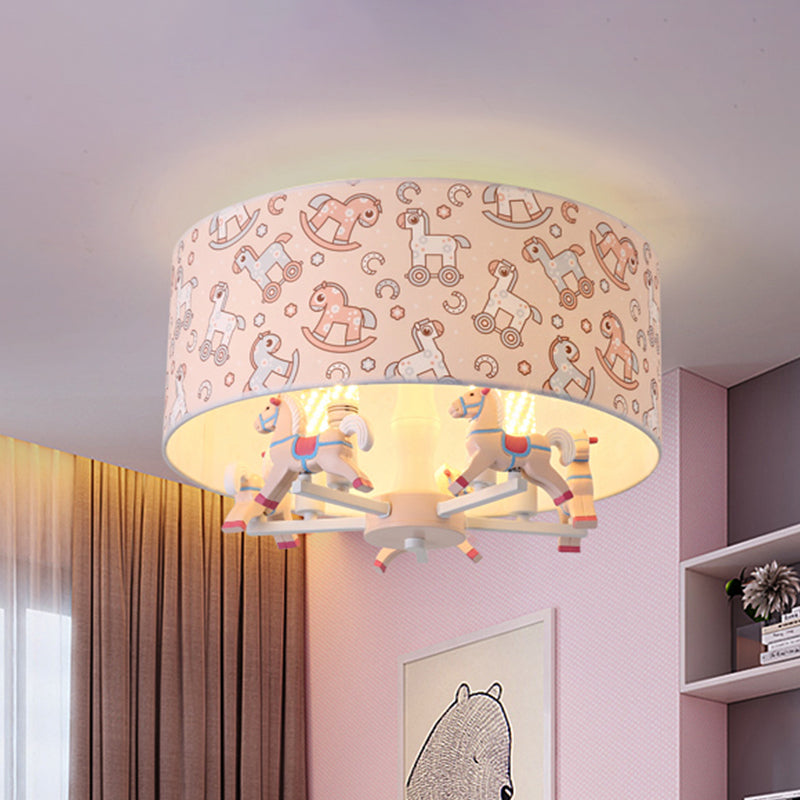 Pink Rounded Semi-Flush Mount Cartoon 5-Bulb Fabric Flush Ceiling Light with Hobbyhorse Decor