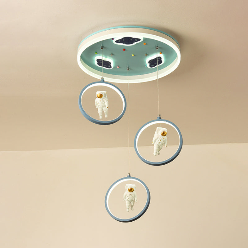 Blue Circular Hanging Lighting Cartoon LED Acrylic Suspension Pendant with Astronaut Deco