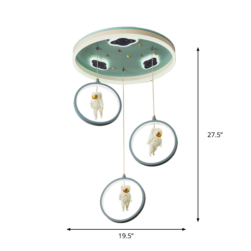 Blue Circular Hanging Lighting Cartoon LED Acrylic Suspension Pendant with Astronaut Deco