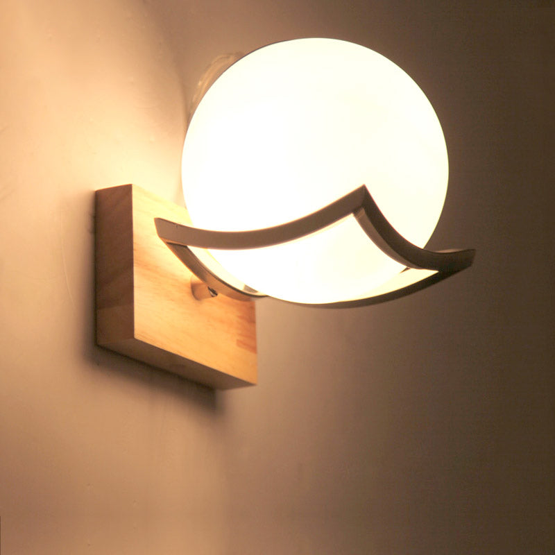 Global Wall Light Sconce Modern White Glass 1 Light Wood Wall Lighting with Square Design