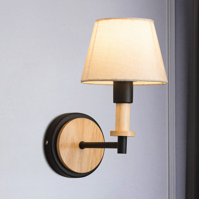 Conical Fabric Wall Mount Light Nordic 1-Bulb Black/White Wall Lamp with Right Angled Arm in White/Beige Light