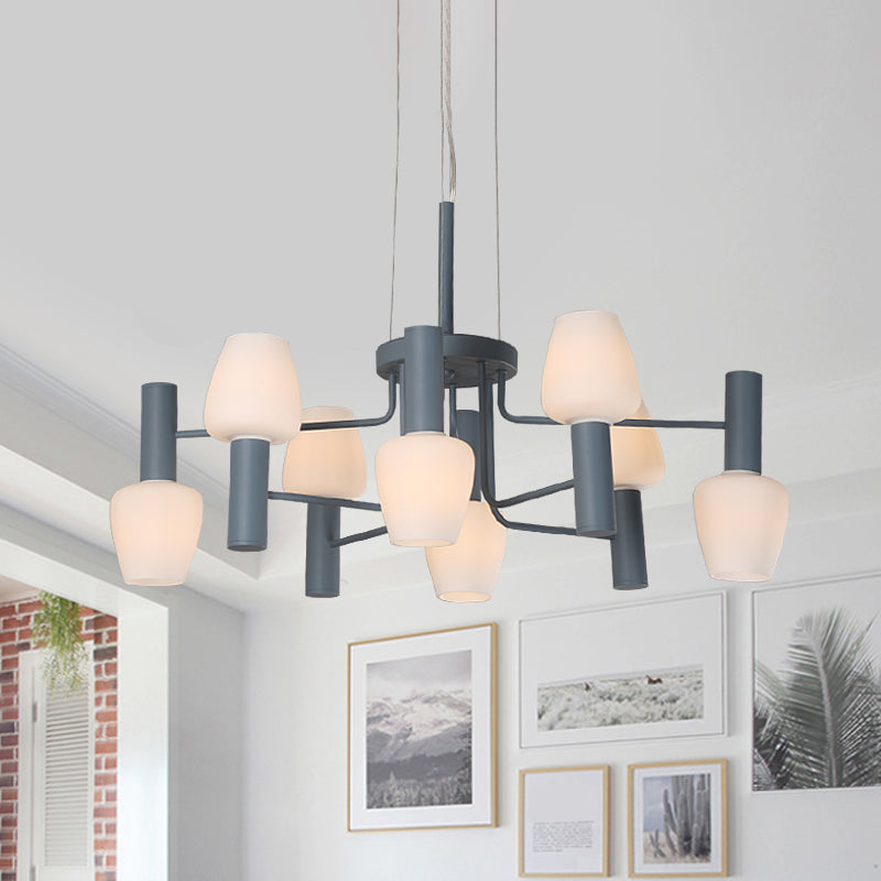 Grey/Pink/Yellow Conical Chandelier Lamp Modernist 8 Heads Frosted Glass Hanging Light for Living Room