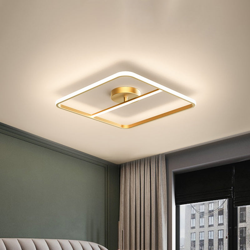 Square-Shape Semi Flush Mount Lamp Simple Metallic Gold LED Ceiling Mounted Light in Warm/White Light