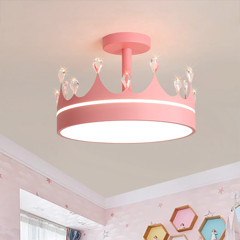 Crown Design Semi Flush Mount Lighting Simple Metallic LED Kid Room Ceiling Mounted Chandelier in Pink/Gold/Blue