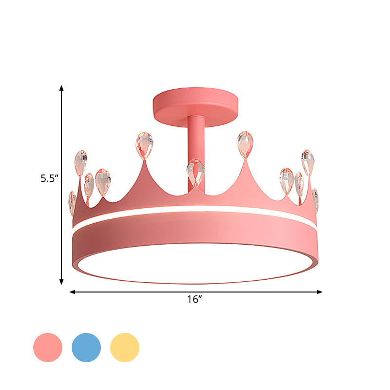 Crown Design Semi Flush Mount Lighting Simple Metallic LED Kid Room Ceiling Mounted Chandelier in Pink/Gold/Blue