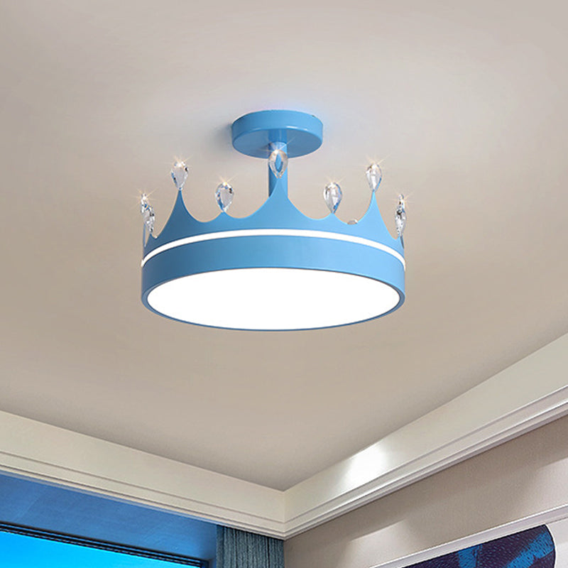 Crown Design Semi Flush Mount Lighting Simple Metallic LED Kid Room Ceiling Mounted Chandelier in Pink/Gold/Blue