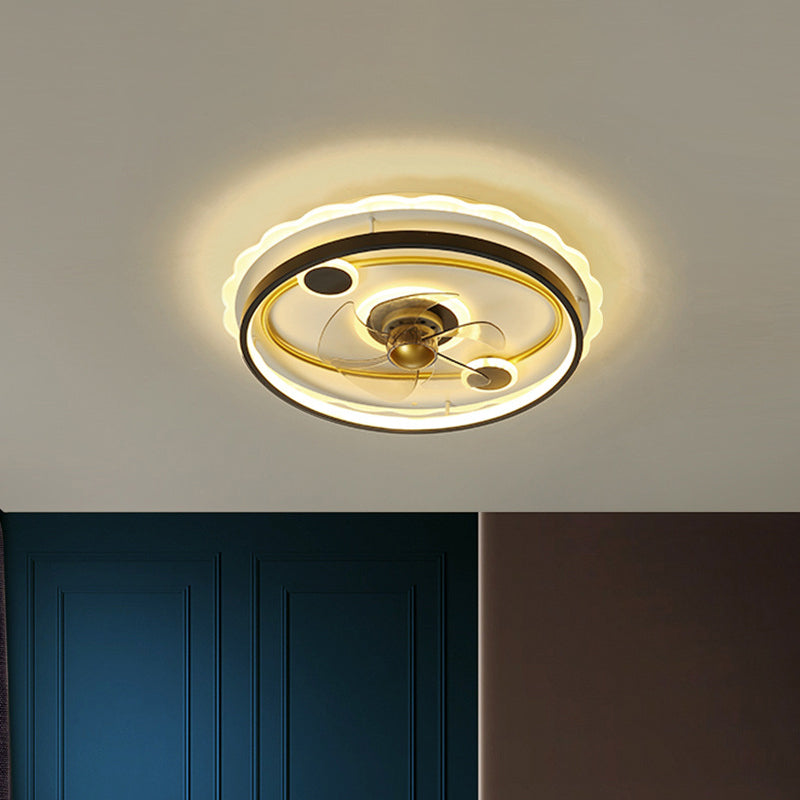5 Blades Black Round Semi Flush Mount Fixture Modern Metal LED Ceiling Fan Light, 19.5" Wide