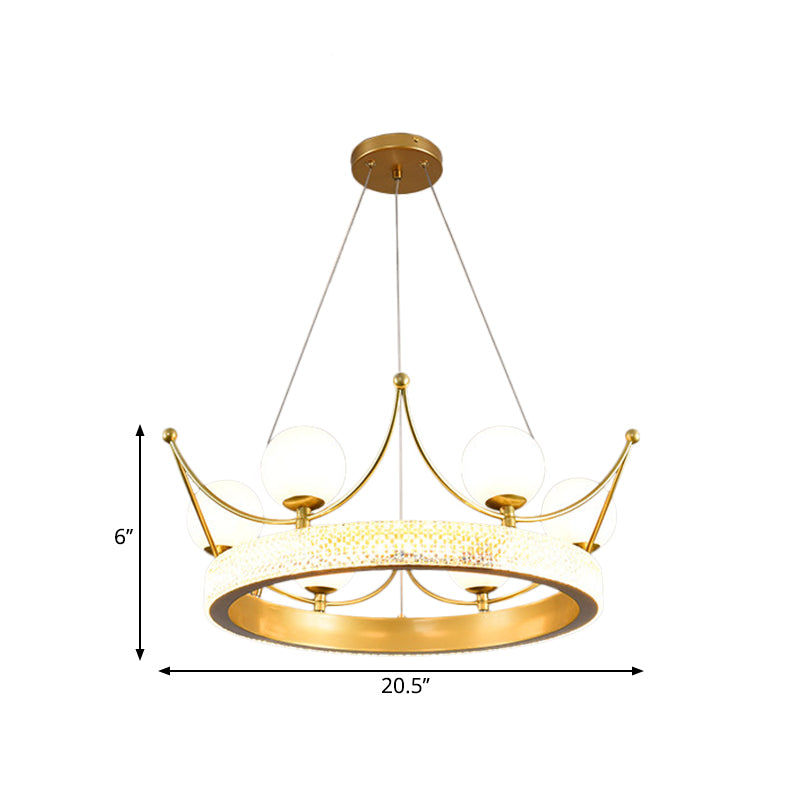 Modern Crown Shape Suspension Lamp Metal 6 Lights Girl Room LED Ceiling Chandelier in Gold with Orb Cream Glass Shade