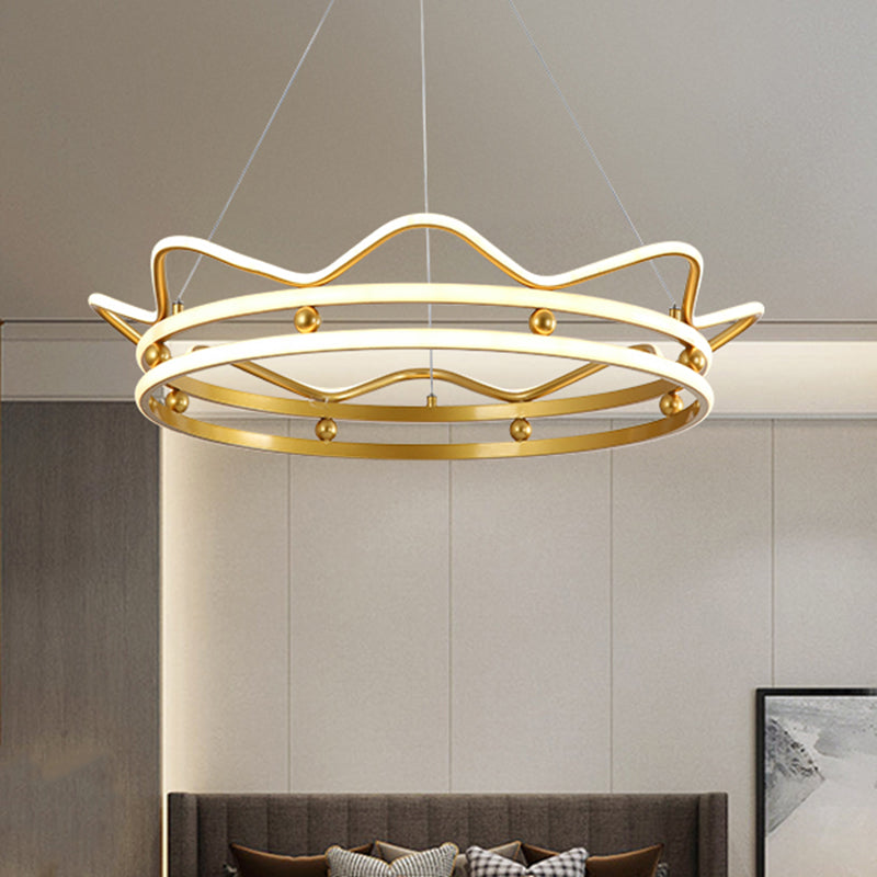 Metal Crown Frame Hanging Light Modernist LED Gold Chandelier Pendant Light for Bedroom