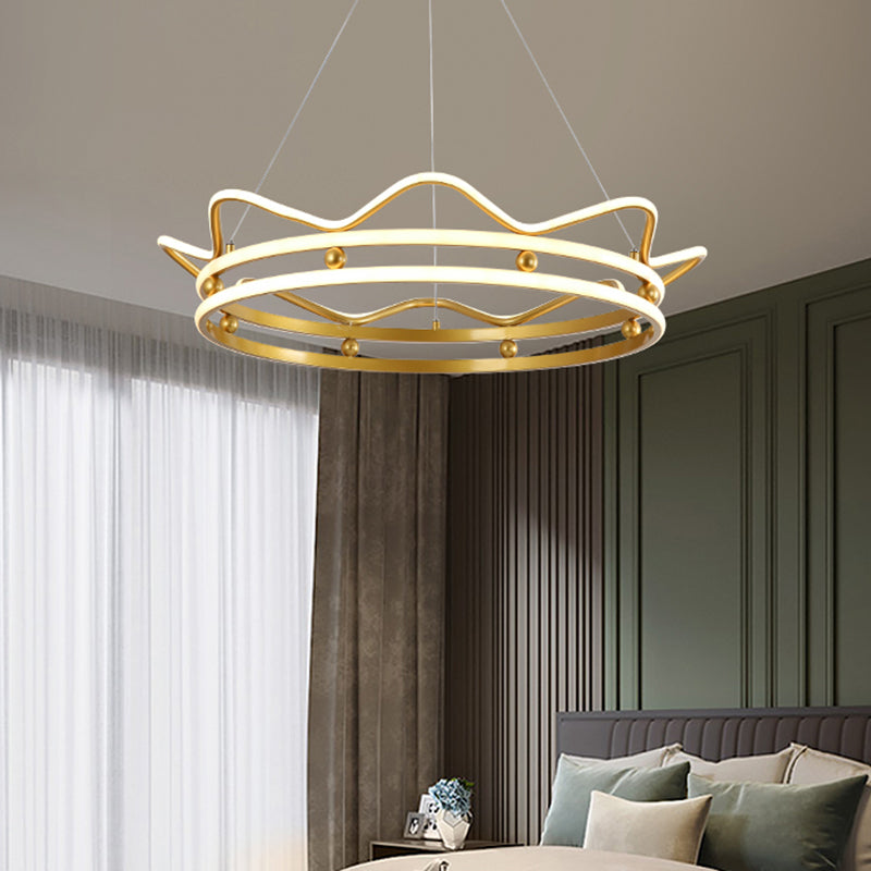 Metal Crown Frame Hanging Light Modernist LED Gold Chandelier Pendant Light for Bedroom