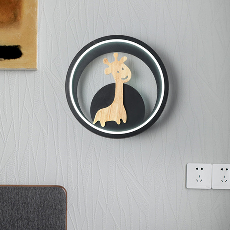 Grijs/zwarte ring muurlicht moderne led acryl wand sconce met giraf figuur decor voor kinderen kamer, warm/wit licht