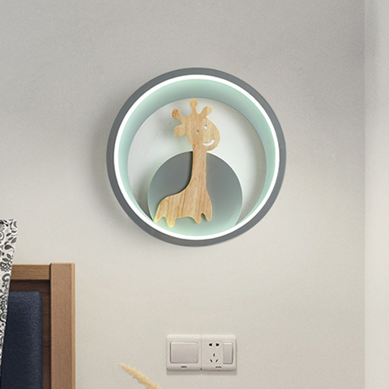 Grijs/zwarte ring muurlicht moderne led acryl wand sconce met giraf figuur decor voor kinderen kamer, warm/wit licht