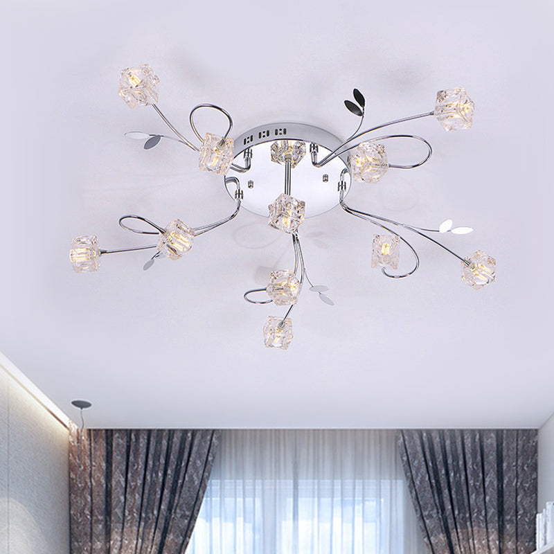 Chrome Cube Semi Flush Mount Modern 11/20-Light Hand-Cut Crystal Ceiling Lamp with Metal Leaf Deco