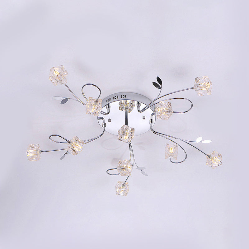 Chrome Cube Semi Flush Mount Modern 11/20-Light Hand-Cut Crystal Ceiling Lamp with Metal Leaf Deco