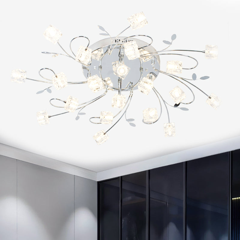 Chrome Cube Semi Flush Mount Modern 11/20-Light Hand-Cut Crystal Ceiling Lamp with Metal Leaf Deco