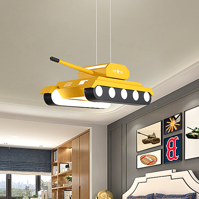 Geel/blauwe tank hanglamp Cartoon LED Acryl kroonluchter licht in warm/wit licht voor jongensslaapkamer