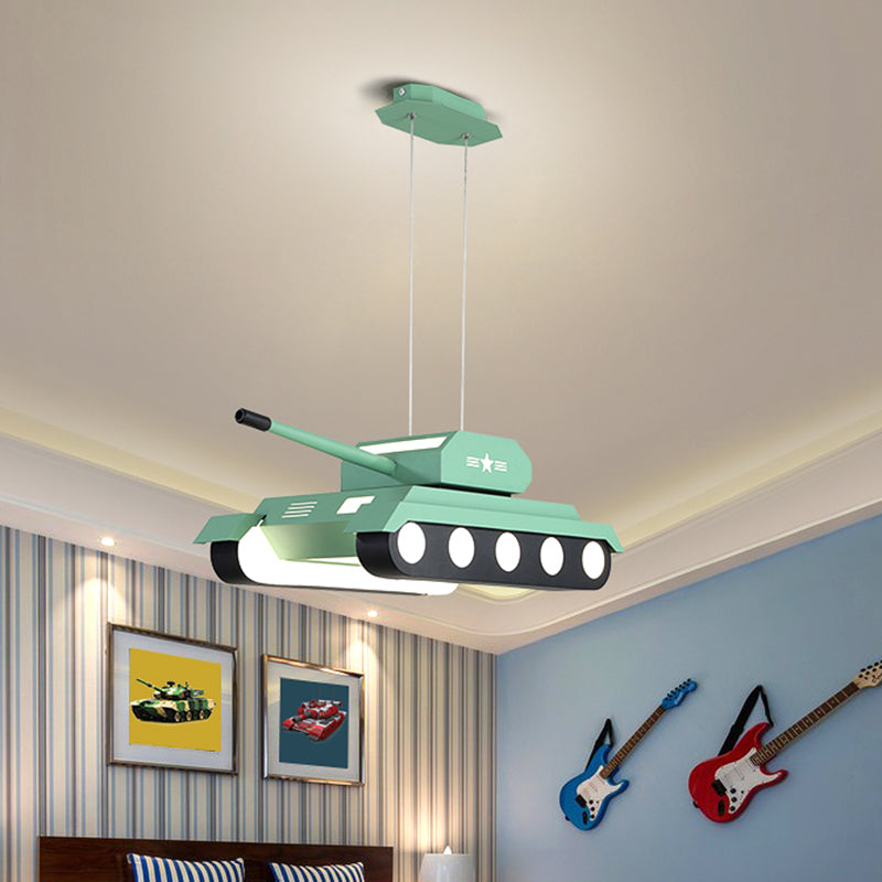 Geel/blauwe tank hanglamp Cartoon LED Acryl kroonluchter licht in warm/wit licht voor jongensslaapkamer
