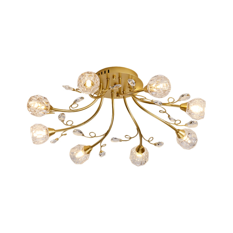 Gold Spherical Ceiling Light Simple Style 8 Bulbs Crystal Prisms Semi Mount Lighting with Scroll Arm