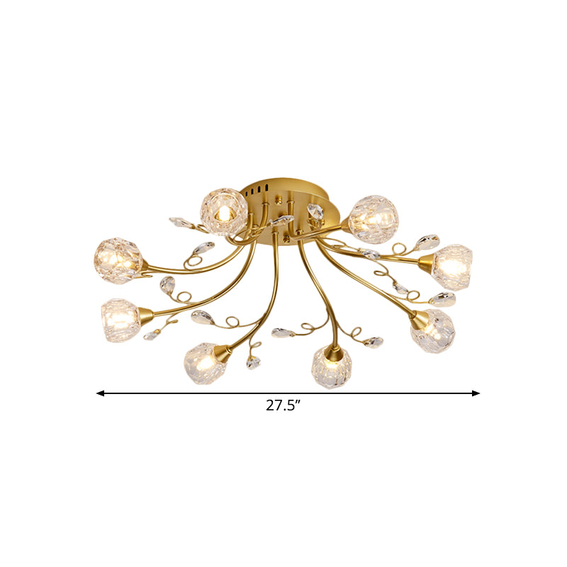Gold Spherical Ceiling Light Simple Style 8 Bulbs Crystal Prisms Semi Mount Lighting with Scroll Arm