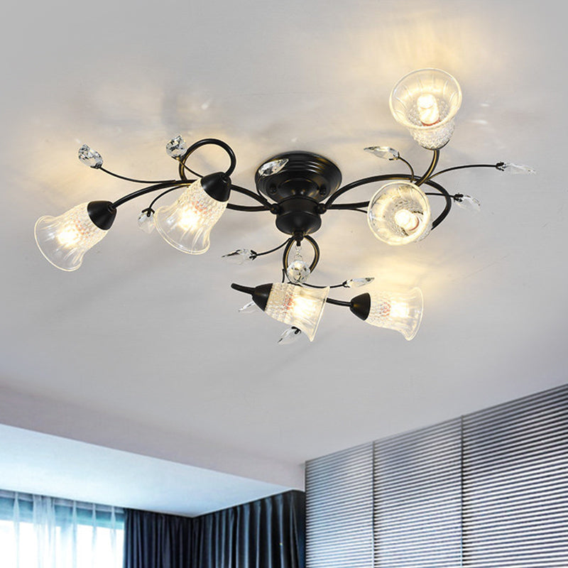 Helder kristal wijd uitlopende plafond spoel minimalistisch 6-head zwart/gouden semi-flush mount licht met gebogen arm