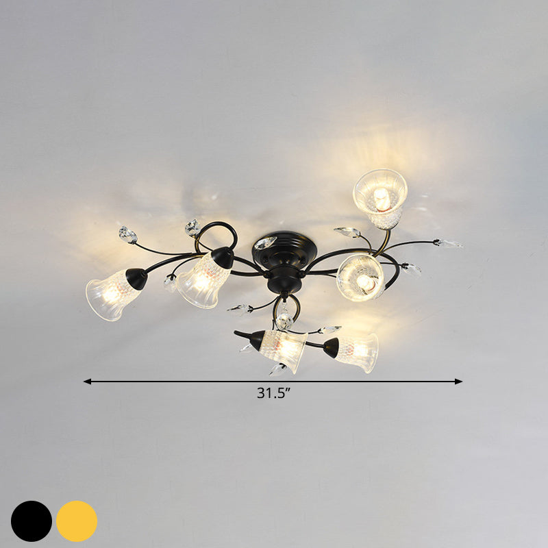 Helder kristal wijd uitlopende plafond spoel minimalistisch 6-head zwart/gouden semi-flush mount licht met gebogen arm